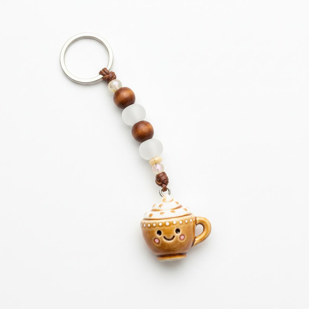 Handmade brown and white beaded coffee teacup keychain